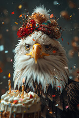 Majestic Bald Eagle Celebrating Birthday with Colorful Confetti, Festive Hat, and Cake - A Cheerful Wildlife Scene for Unique Celebrations