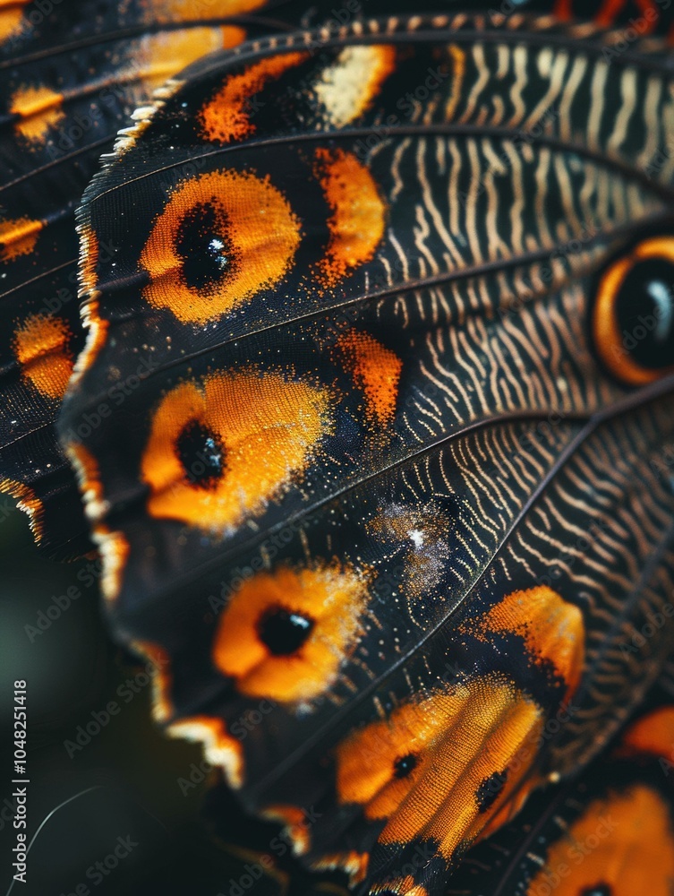 Poster a close-up view of a butterfly's wing, showcasing intricate patterns and colors. ai.
