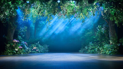 Obraz premium Enchanted Forest Stage with Lush Greenery, Mushrooms, and Magical Lighting