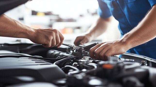 Automotive technician working on engine with tools, focused on repair