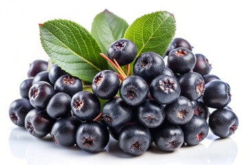 Closeup of fresh ripe dark chokeberries Aronia melanocarpa clustered together on a clean minimalist white background