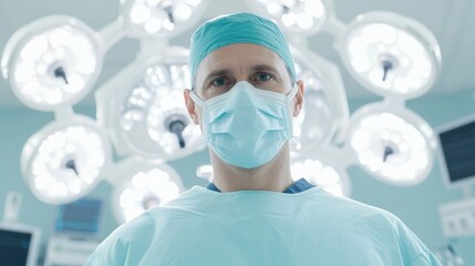 Surgeon in scrubs and mask, ready for surgery, bright operating room in background.