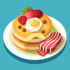 Delicious Pancakes with Egg, Bacon and Raspberries for Breakfast