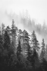 Obraz premium Mystical Forest in Mist: Serene Black and White Landscape with Tall Evergreens and Enveloping Fog, Capturing Natures Tranquility and Depth.