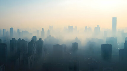 Fototapeta premium Foggy City. A city skyline with smog and pollution