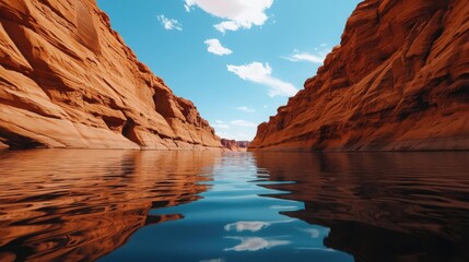 River running through a vast canyon, creating a striking contrast between the water and red rock cliffs, canyon river, natural grandeur