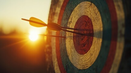 Archery target with hits by three arrows with sun and sky with sun flares