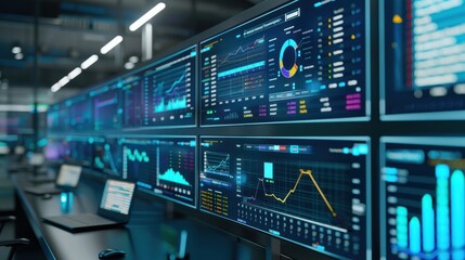 Fototapeta premium Wall of Monitors Displaying Financial Data and Charts in a Modern Office