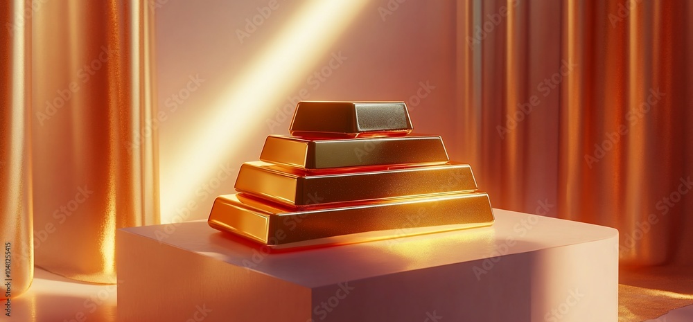 Poster stack of gold bars in a pyramid shape on a podium with soft lighting.