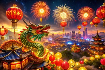 Fototapeta premium New Year's Eve 2025 Celebration: Year of the Snake in Vibrant Asian Style with Traditional Elements and Festive