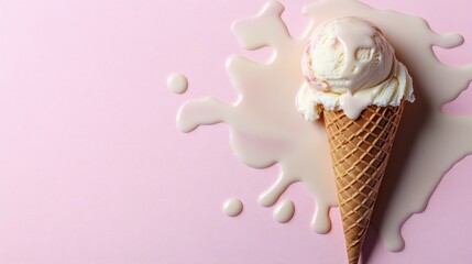 Melted ice cream and wafer cone on light pink background