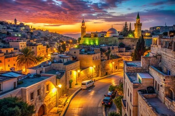 Obraz premium Night Lights in Bethlehem's Historic Streets - Tilt-Shift Photography