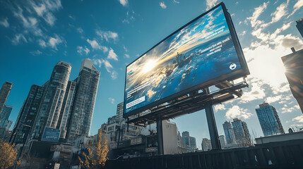 A climate change awareness billboard with city background. Sky Ad
