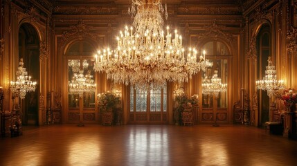 Fototapeta premium A magnificent chandelier glowing in an ornate ballroom, capturing opulence, grandeur, and the charm of classic luxury