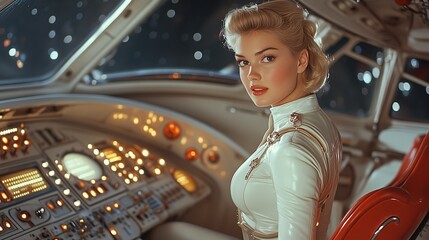 Woman in futuristic attire seated in a retro spaceship cockpit, surrounded by glowing control panels and starry background.