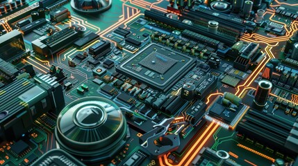 Fototapeta premium Close-up View of a Complex Motherboard with Glowing Circuits