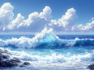 Fototapeta premium Frothy waves cascading over rugged cliffs, dynamic seascape, vibrant energy of the ocean, natural beauty and power of coastal landscapes