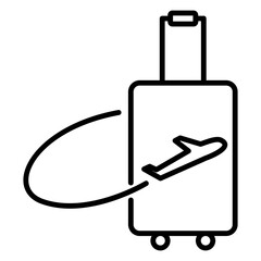 Clean black line travel icons including suitcases, airplanes, maps, and location markers. Ideal for web and app design, travel planning, and infographics.