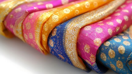 Stack of colorful, patterned, woven fabrics with gold thread embroidery and sequins, isolated on white background.