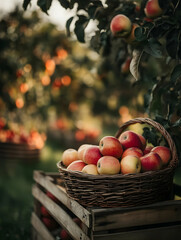 Apple Harvest. A close-up of a basket filled with freshly of apple with blurred apple orchard background.