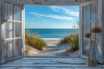 Serene Coastal View: Open Window Framing a Tranquil Beach Scene with Gentle Waves, Soft Sand, and Lush Greenery Under a Bright Blue Sky
