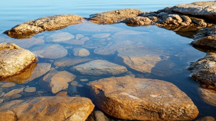 Fototapeta premium Rocky coastline with tide pools filled with marine life, sunlight reflecting off the water surface, tide pools, coastal ecosystem