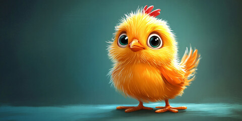 Fototapeta premium A cute, fluffy baby chick with big eyes standing on a blue background.