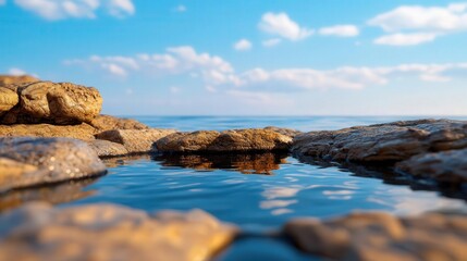 Rocky coastline with tide pools filled with marine life, sunlight reflecting off the water surface, tide pools, coastal ecosystem