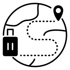 Bold travel icons featuring suitcases, airplanes, maps, and location pins. Perfect for travel apps, websites, infographics, and print materials requiring a sleek, modern look.