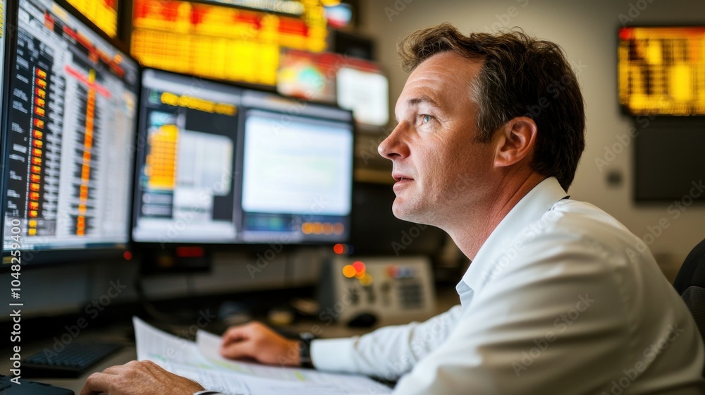 Poster Man Looking at Financial Data on Computer Monitors