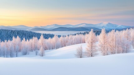 Obraz premium Snowy landscape with frosted trees and colorful dusk sky.