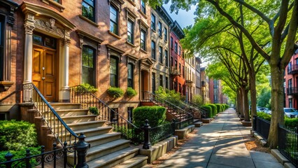 Fototapeta premium Old Residential Buildings on Sidewalk in Carroll Gardens, Brooklyn - Historic Architecture in NYC