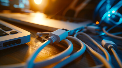Modern USB Hub Close-Up: Sleek Multi-Port Connector with Various Devices, Highlighting Design and Functionality in Natural Light.