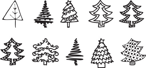 Christmas tree doodle set. Hand drawn xmas decorations icons. Vector illustration christmas trees isolated. Design elements for holiday greeting card, gift tag.
