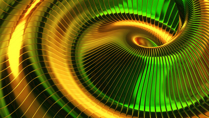 Golden green metallic wavy abstract background, 3d metal shiny stripes pattern.