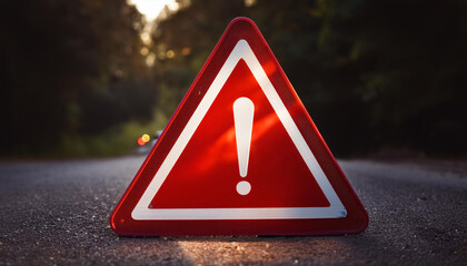 Red caution warning sign with exclamation mark. Traffic sign. Dark background.