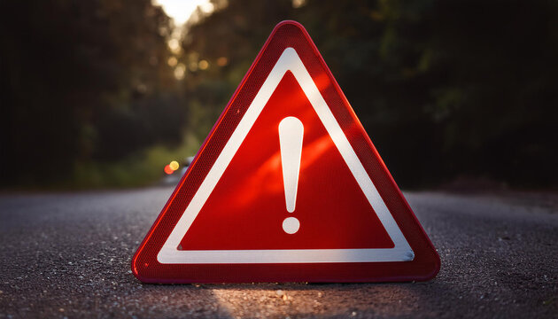 Red caution warning sign with exclamation mark. Traffic sign. Dark background.