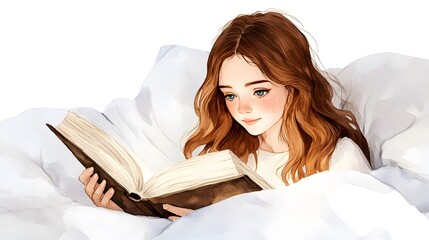 A girl with brown hair is reading in bed, cartoon style, vector graphics