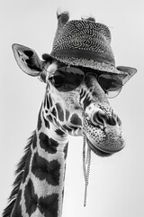 Stylish Giraffe with Sunglasses and Fedora Hat in Black and White &acirc;&euro;&ldquo; Quirky Animal Portrait for Creative and Fun Visual Projects