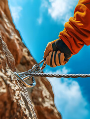 Obraz premium Rock Climb. A close-up of a climber securing a carabiner for climbing.