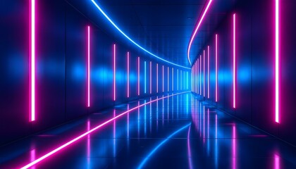 Fototapeta premium 3d render, red blue neon light, illuminated corridor, tunnel, empty space, ultraviolet light, abstract background. 3D illustration rendering. Empty copy space middle. Blue and pink light for overlay 