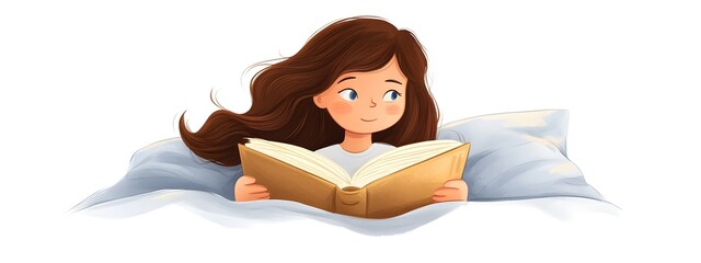 A girl with brown hair is reading in bed, cartoon style, vector graphics