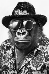 Obraz premium Stylish Gorilla Wearing Sunglasses and a Black Hat Poses Confidently in a Bold Patterned Shirt, Capturing a Unique Blend of Humor and Fashion.