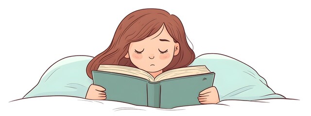 A girl with brown hair is reading in bed, cartoon style, vector graphics
