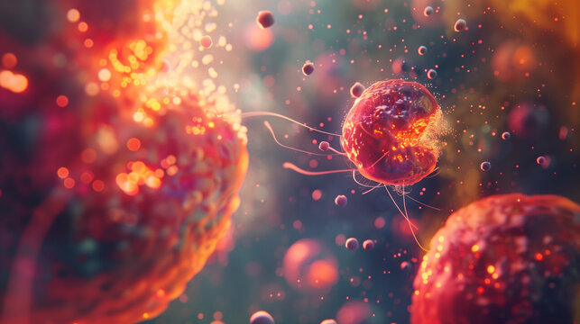 Microscopic view of a cell undergoing apoptosis, nucleus shrinking and chromatin condensing, surrounded by other cells, cellular structures in focus
