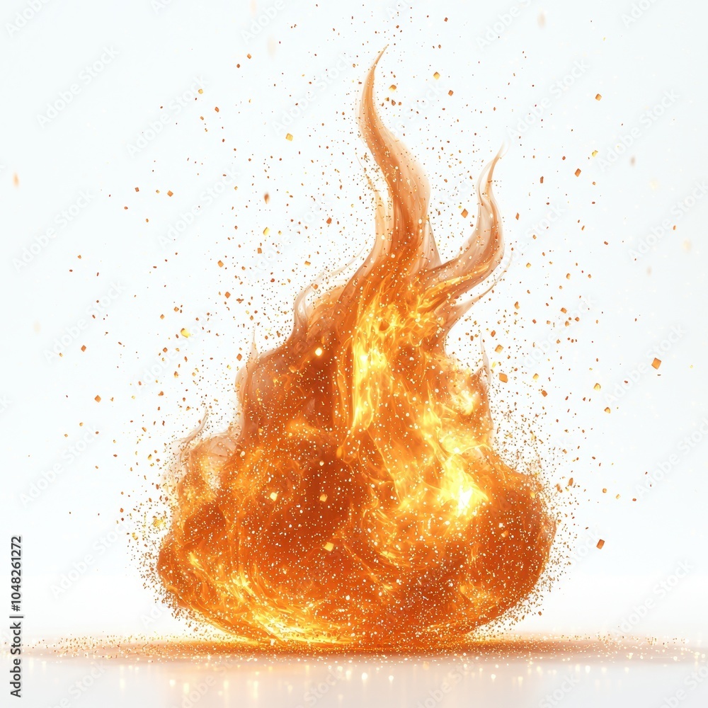 Poster a vibrant flame with glowing orange hues and sparkling particles, symbolizing heat and energy in a d
