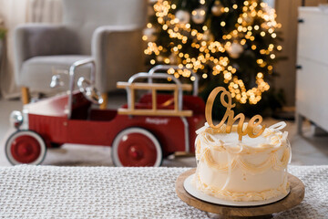 One Year Birthday Celebration with Cake and Vintage Toy Car