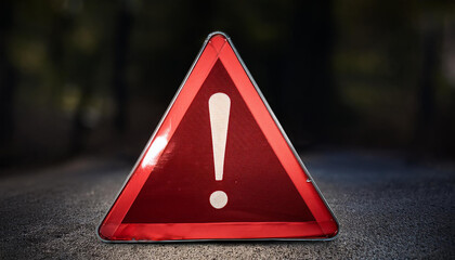 Red caution warning sign with exclamation mark. Traffic sign. Dark background.
