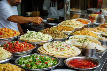 Obraz premium Fresh Street Food Being Prepared, Such As Pupusas Filled With Cheese And Beans, Garnished With Pickled Cabbage And Salsa