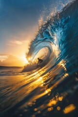 Surfer Riding Waves at Sunset: Dramatic Ocean Scene with Glowing Golden Light and Powerful Surf Highlights Perfect for Adventure and Nature Themes.